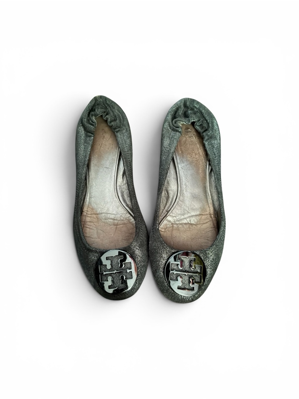 Tory Burch Metallic Green Logo Ballet Flats